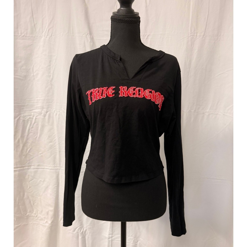 True Religion Women's Black Red Rhinestone Logo Split Neck Long Sleeve Top Large